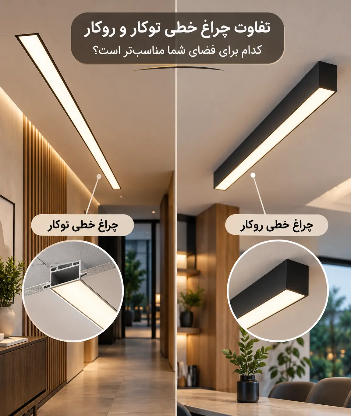 مقایسه تفاوت چراغ خطی توکار و روکار در طراحی روشنایی داخلی